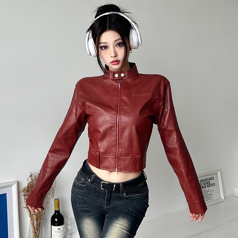 Weird Puss Áo Khoác Da pu Tay Dài Dáng Rộng Có Khóa Kéo Phong Cách Đường Phố Thời Trang Mùa Thu Cho Nữ