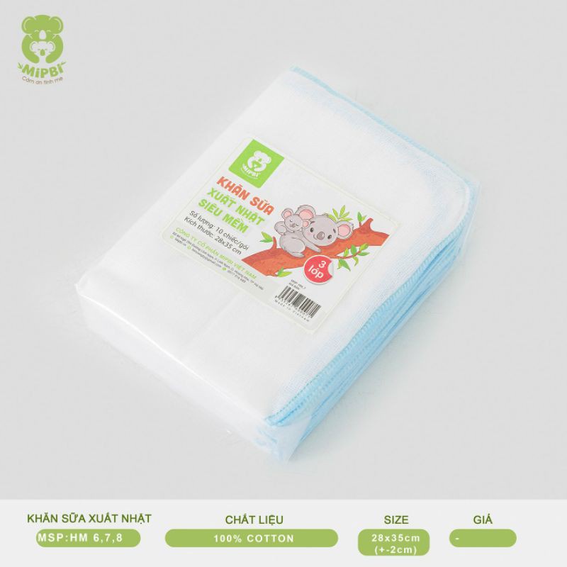 Set 10 khăn sữa Mipbi cao cấp 3 lớp, 4 lớp cotton kích thước 28 x 36 cm hàng chính hãng đảm bảo không xù lông