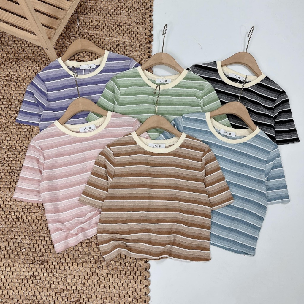 Áo thun croptop nữ tay ngắn cổ tròn kẻ sọc màu sắc hàng Quảng Châu chất cotton, áo phông mùa hè thời trang hàn 702 5