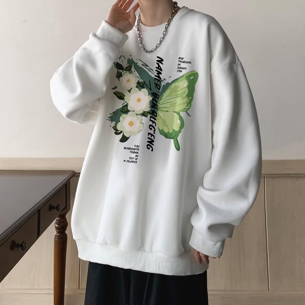 Áo Sweater cotton Tay Dài Dáng Rộng In Họa Tiết Hoa & Bướm Phong Cách Mỹ Cổ Điển Thời Trang Cho Nam Và Nữ size m-5xl