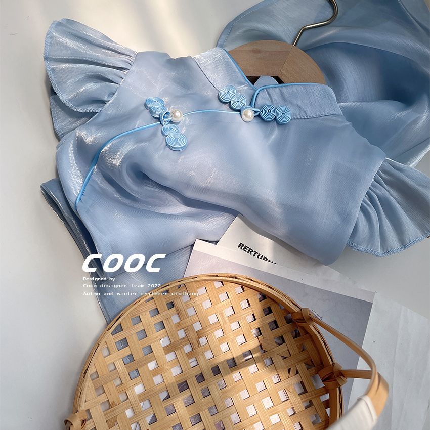 Đầm Sườn Xám Cách Tân Màu Xanh Dương Phong Cách Trung Hoa Thời Trang Mùa Hè 2023 Cho Bé Gái
