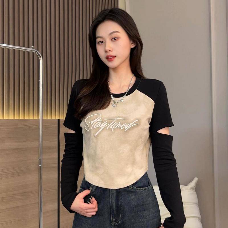 Áo Thun Tay Dài Hở Vai Thêu Chữ Thời Trang Mùa Thu Phong Cách Mới