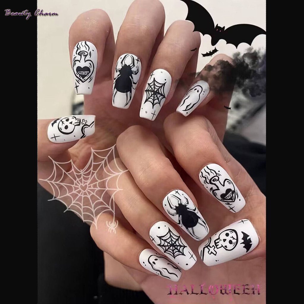 Bộ Móng Tay Giả Màu Trắng In Hình Đầu Lâu Trọng Lượng Nhẹ Và Dễ Gắn Dùng Hóa Trang halloween
