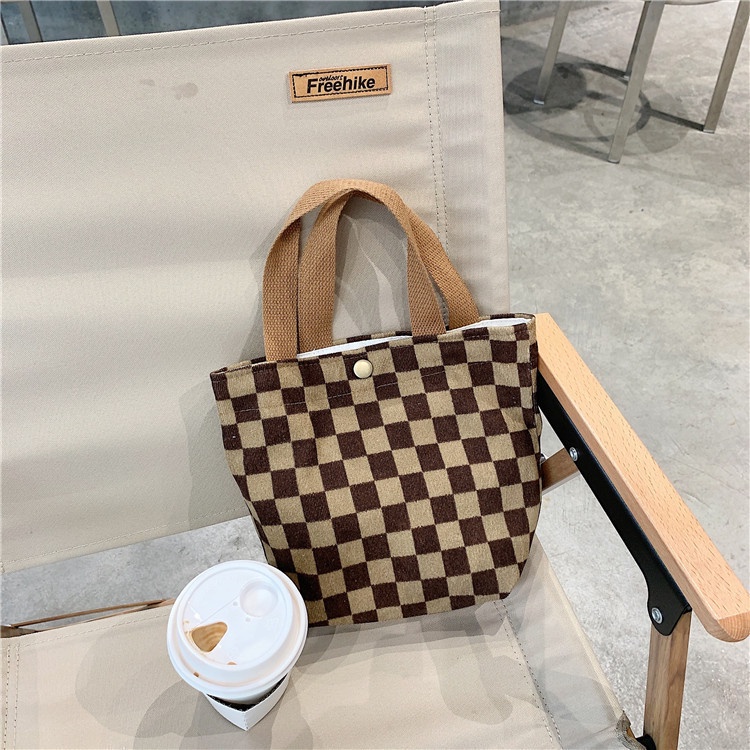 Ins Túi tote Đựng Hộp Cơm Trưa Hộp Văn Phòng Phẩm Vải Nhung Kẻ retro Cho Nữ Sinh
