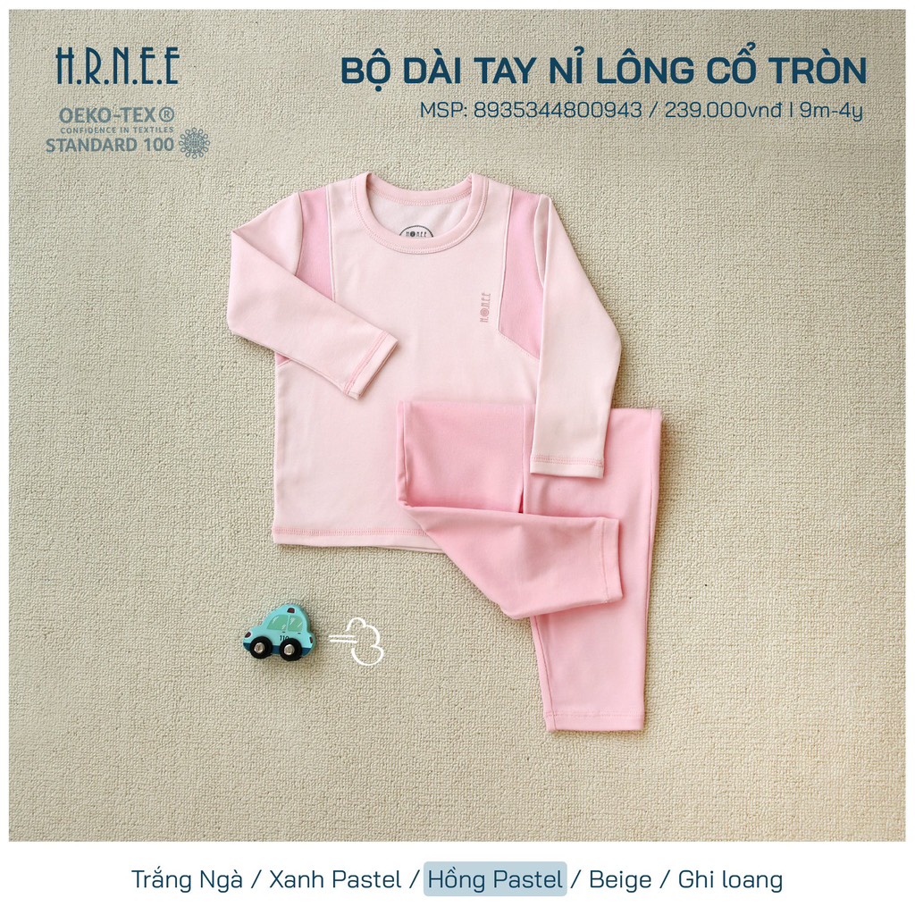 Bộ Hrnee dài tay nỉ lông cổ tròn cho bé trai bé gái
