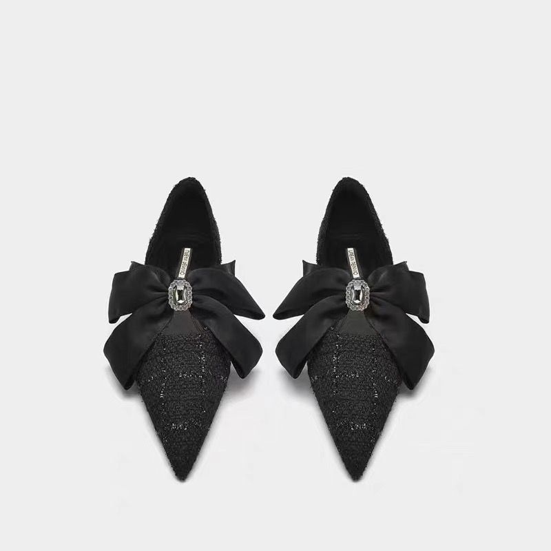 Giày Cao Gót Đế Thấp Mũi Nhọn Đính Đá Phối Nơ Thời Trang Mùa Hè 2023