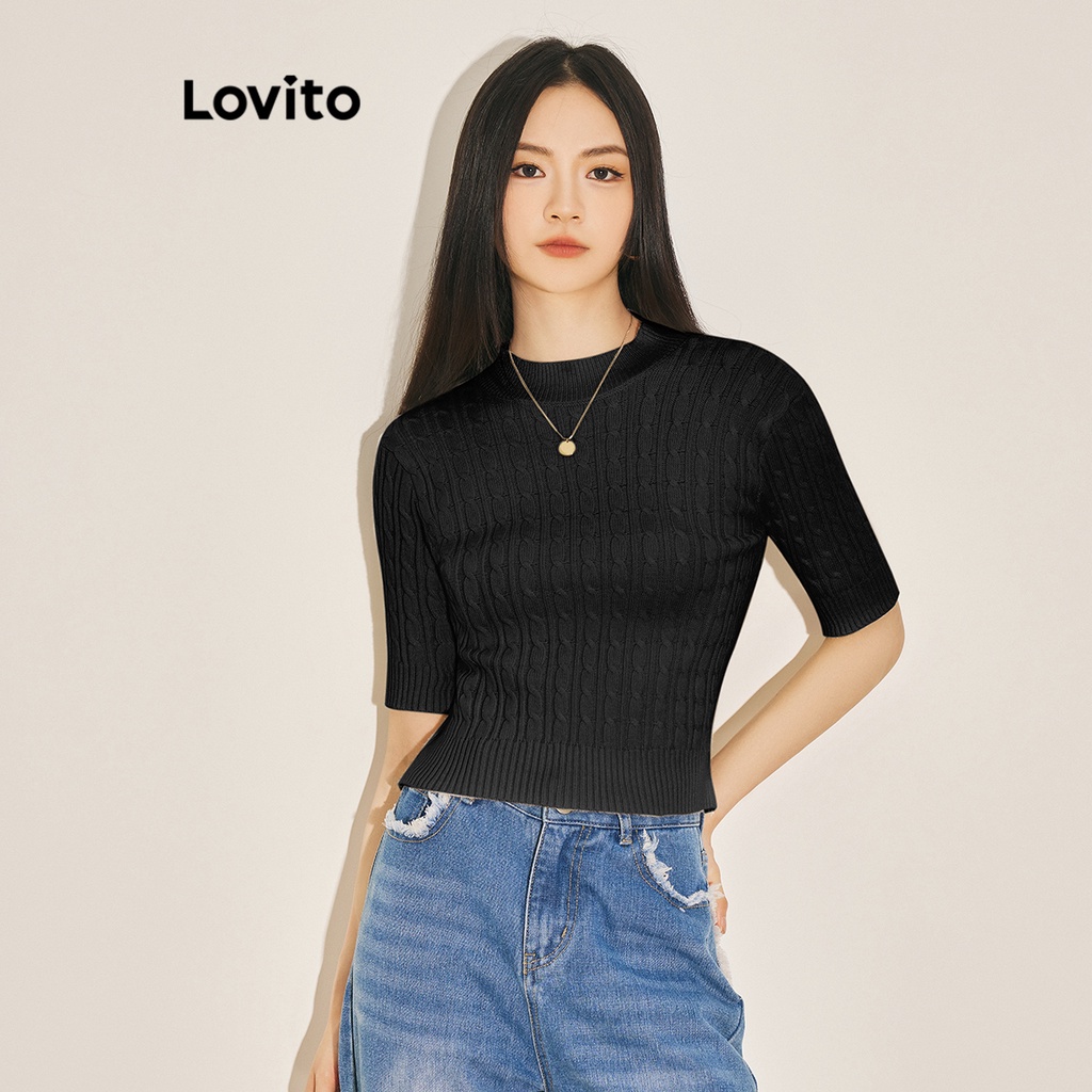 Áo dệt kim Lovito tay ngắn đơn giản màu trơn thường ngày cho nữ L61AD146