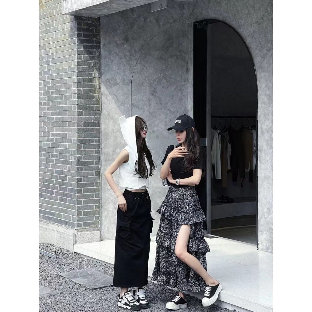 Bộ Áo Ngắn Tay Ôm Dáng + Chân Váy Hoa Lưng Thun Xẻ Tà Xinh Xắn Dành Cho Nữ