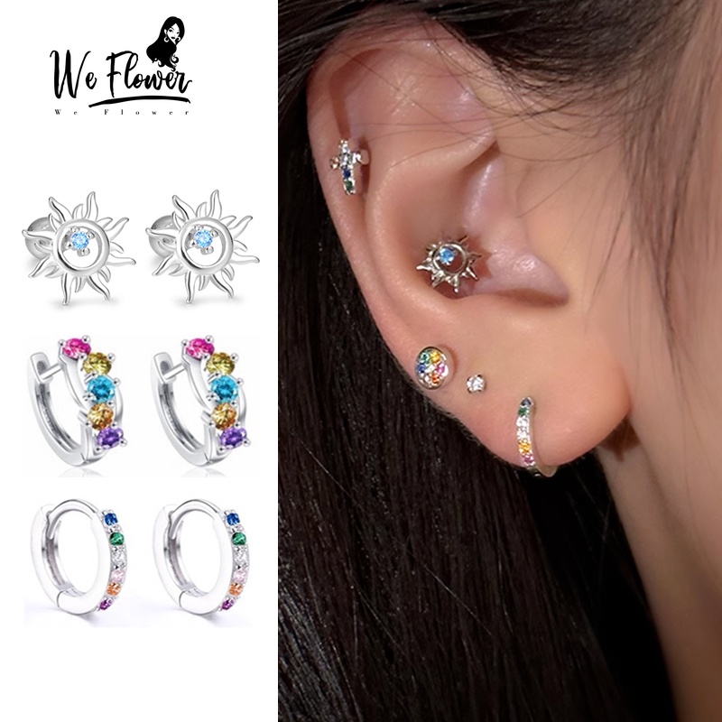 We flower Bông Tai Mạ Bạc 925 Hình Hoa Hướng Dương Đính Đá Thời Trang Dành Cho Nam Và Nữ