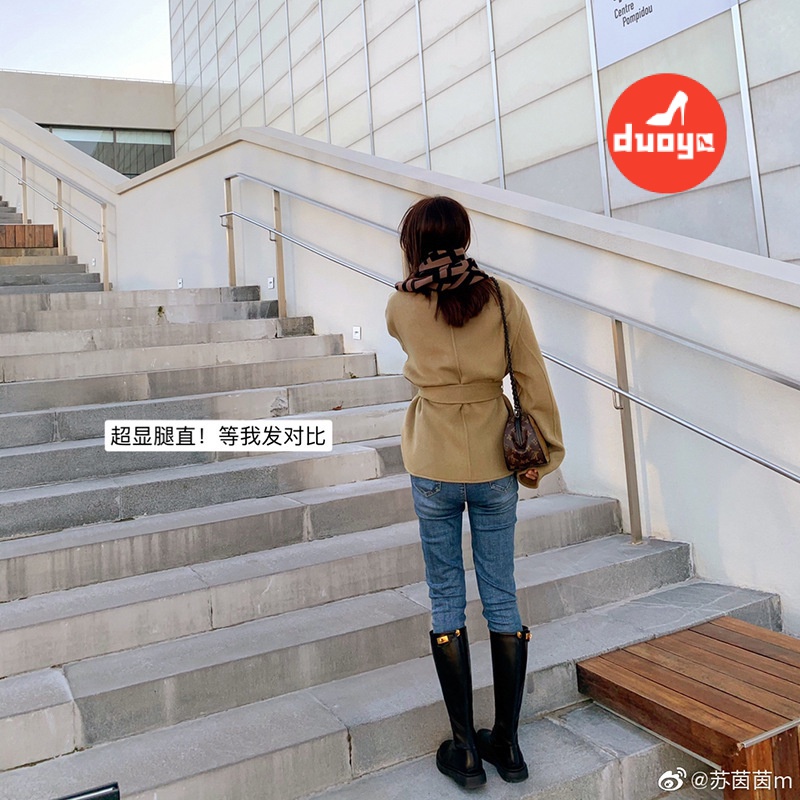 Duoya Tóc Thẳng ~  Giày Bốt Cao Đến Đầu Gối Dày Dặn Không Có Khóa Kéo Mùa Thu Đông Cho Nữ Miễn Phí Vận Chuyển