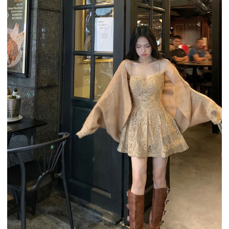 New sling lace dress soft waxy slimming sweater cardigan suit for girls dress long sleeve retro sweater two-piece suit