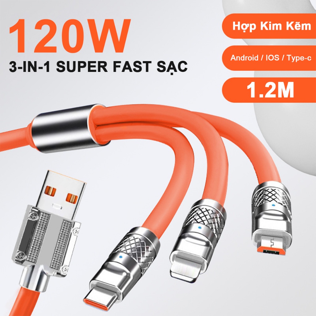 Dây sạc nhanh 120W dây sạc 3 đầu sạc nhanh 6A  hợp kim kẽm dây sạc nhanh 3 đầu có đèn led