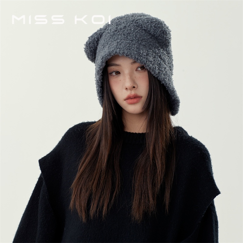 Misskoi  Mũ Len Giữ Ấm Bảo Vệ Tai Phong Cách Mới Mùa Thu Đông Dễ Phối Đồ Màu Xám K