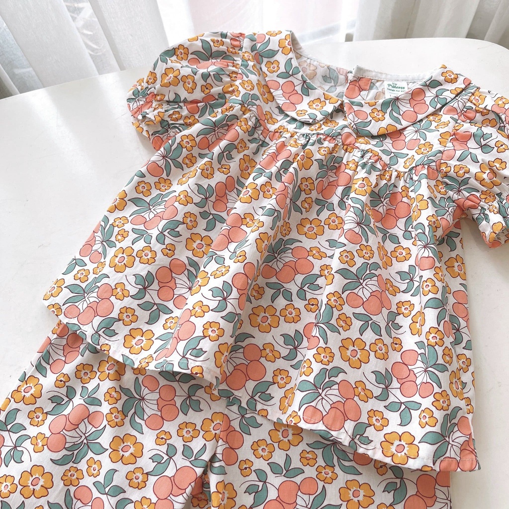 Set bộ bé gái NR04 hoạ tiết hoa lá Hồng,Cam,Vàng  Ngò Rí Store