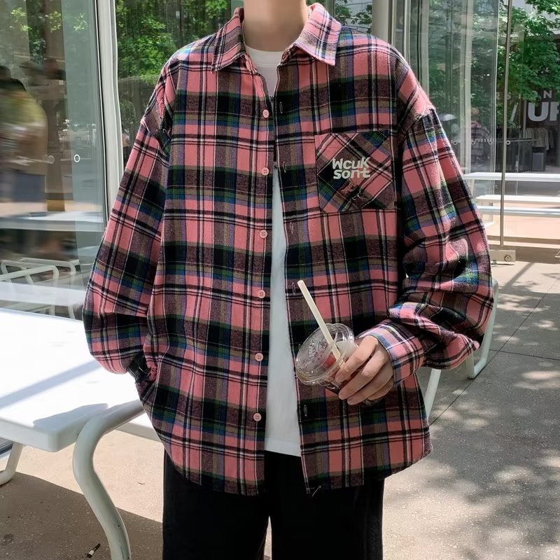 Áo Sơ Mi Caro Form Rộng Thời Trang Cho Nam Áo Sơ Mi Kẻ Sọc Nam Áo Sơ Mi Nam Dài Tay Áo Phối Túi Ngực Thời Trang Phong Cách Cặp Đôi