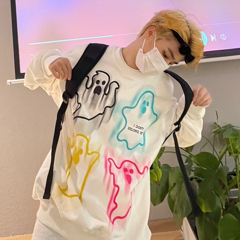 Áo Sweater Dáng Rộng In Hình Ma Dễ Thương Kiểu Đường Phố Mỹ Thời Trang Xuân Thu Cho Nam