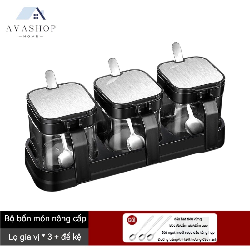 （thìa miễn phí）Bộ Hũ Gia Vị Thủy Tinh Dày Dặn Nắp Bật INOX 304, Có Thìa Múc Kèm Khay Đựng Phong Cách Nhật Bản Tinh Tế