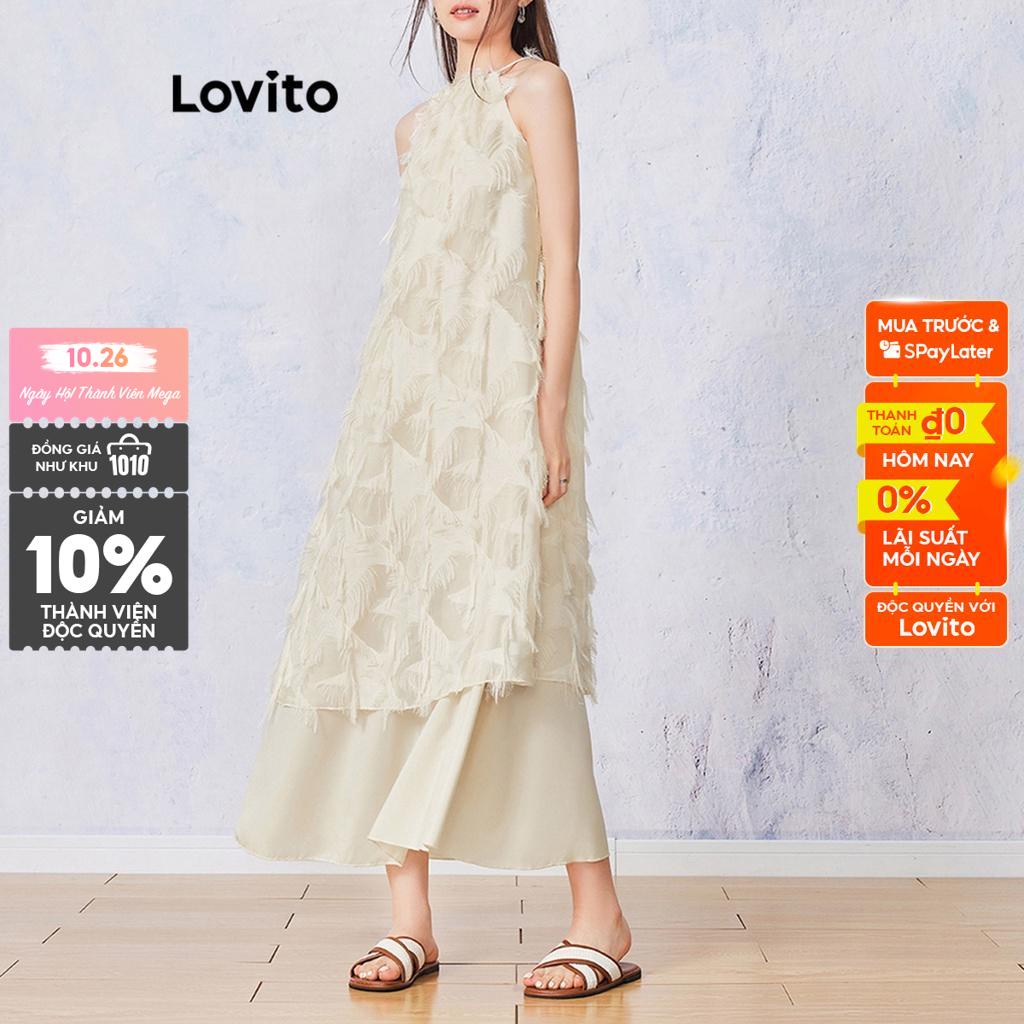 Đầm LOVITO phối lông vũ buộc dây sau lưng màu trơn boho cho nữ L53AD104 (Màu mơ)