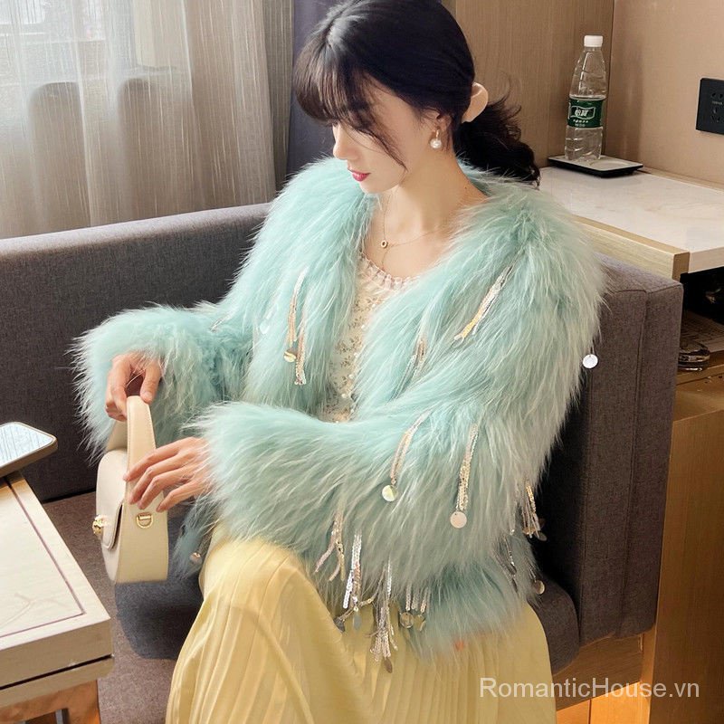 Áo Khoác Lông Cáo Cao Cấp Dáng Ngắn Phối Tua Rua Thời Trang Mùa Đông 2022