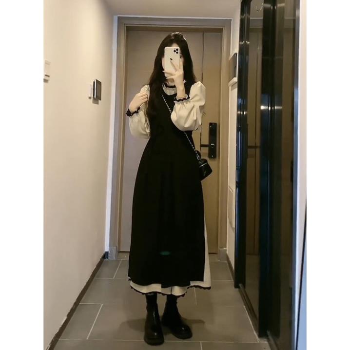 Váy Đầm Tay Trắng Thu Đông Màu Đen Dài Tay Phồng - Váy Thiết Kế Hàng Quảng Châu Cao Cấp V134