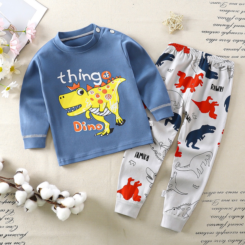 Hoạt Hình Bộ Đồ Ngủ 2 Món Bằng cotton Tay Dài In Hình Khủng long Dành Cho Trẻ Em