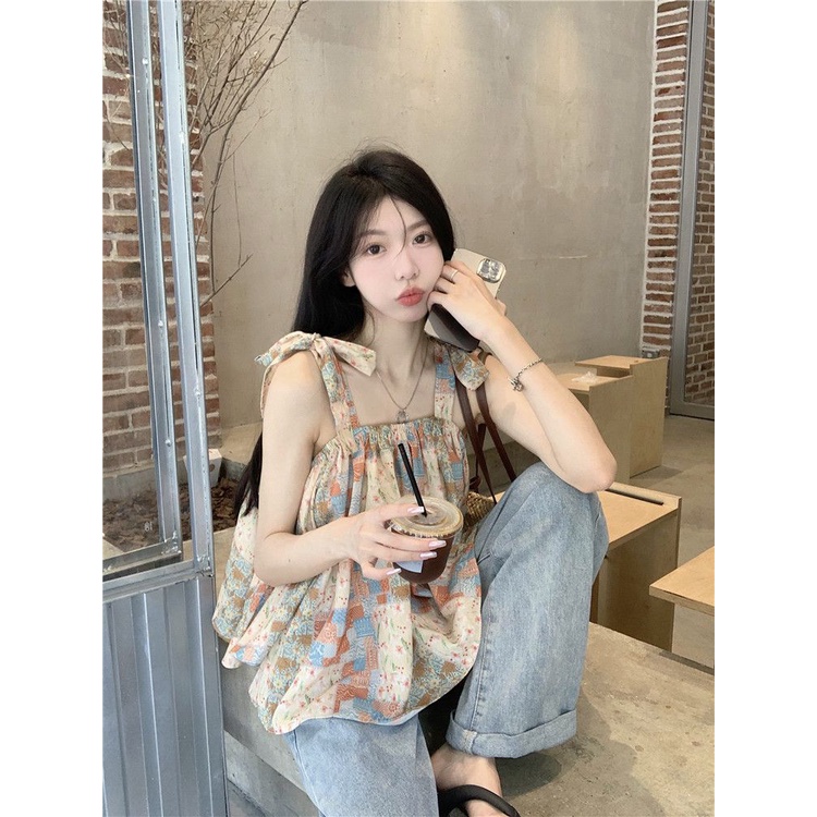 Áo Hai Dây Dáng Ôm Ngắn In Họa Tiết Thời Trang Mùa Hè Pháp 2023 Cho Nữ