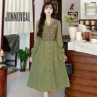 JUNNOVGAL Nữ Midi Đầm Màu Trơn Thời Trang Phong Cách Mới Ôm Vừa Vặn Tay Dài Cổ Xuống
