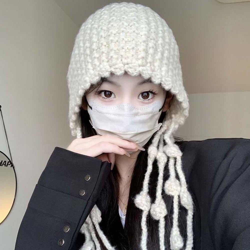 Mũ beanie Dệt Kim Tua Rua Đính Đá Phong Cách Hàn Quốc Bảo Vệ Tai Mừng Năm Mới