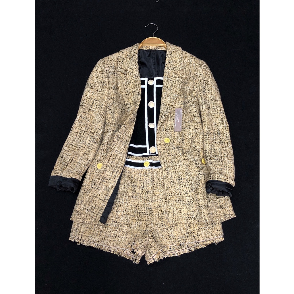 Set Blazer - Short Sandro tweed vàng
