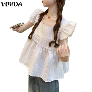 Áo kiểu cổ vuông tay xếp ly họa tiết kẻ sọc thời trang hàn quốc cho nữ