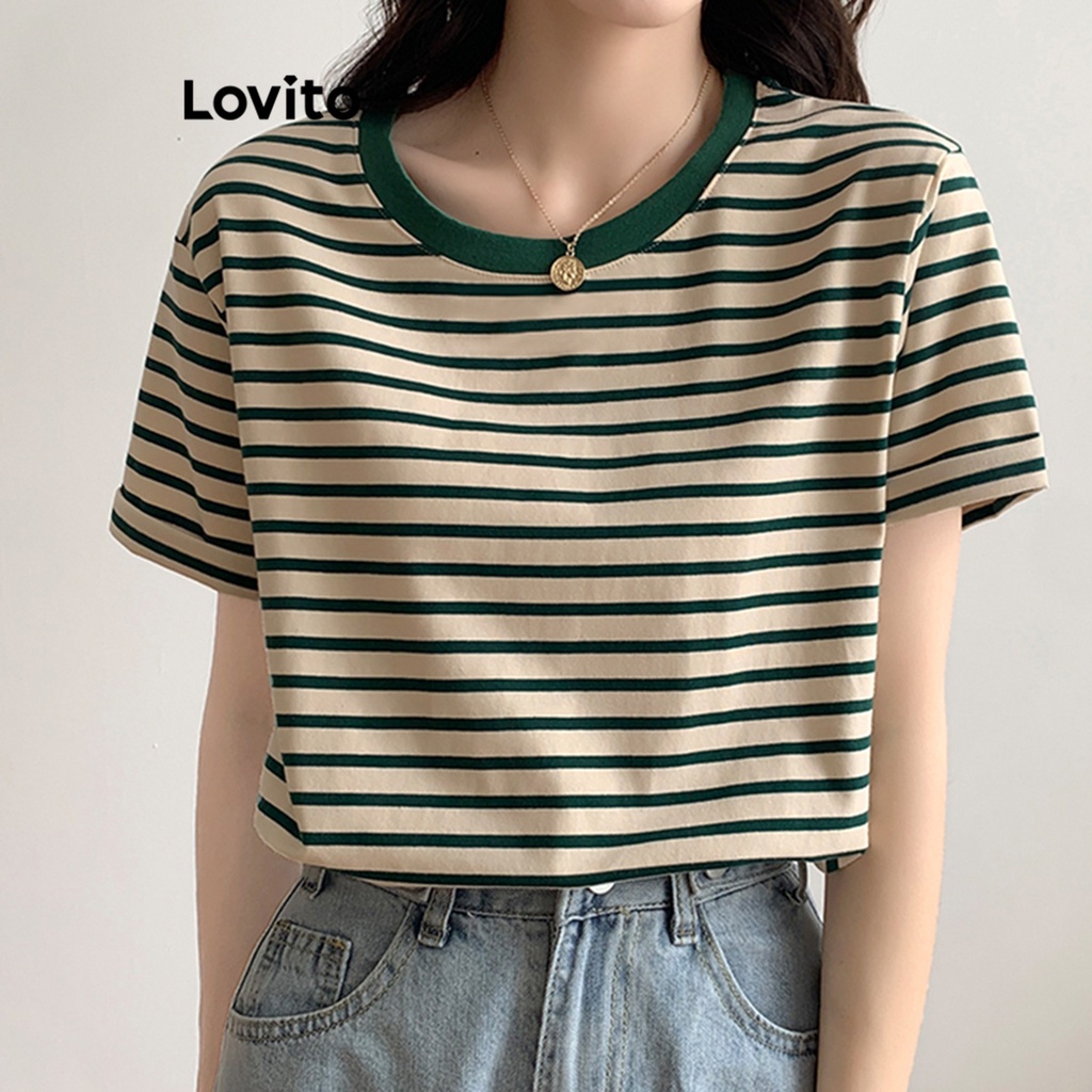 Lovito Áo thun sọc tương phản thường ngày cho nữ áo ngang xanh rêu LNE27003 (Xanh lá/Xanh hải quân)