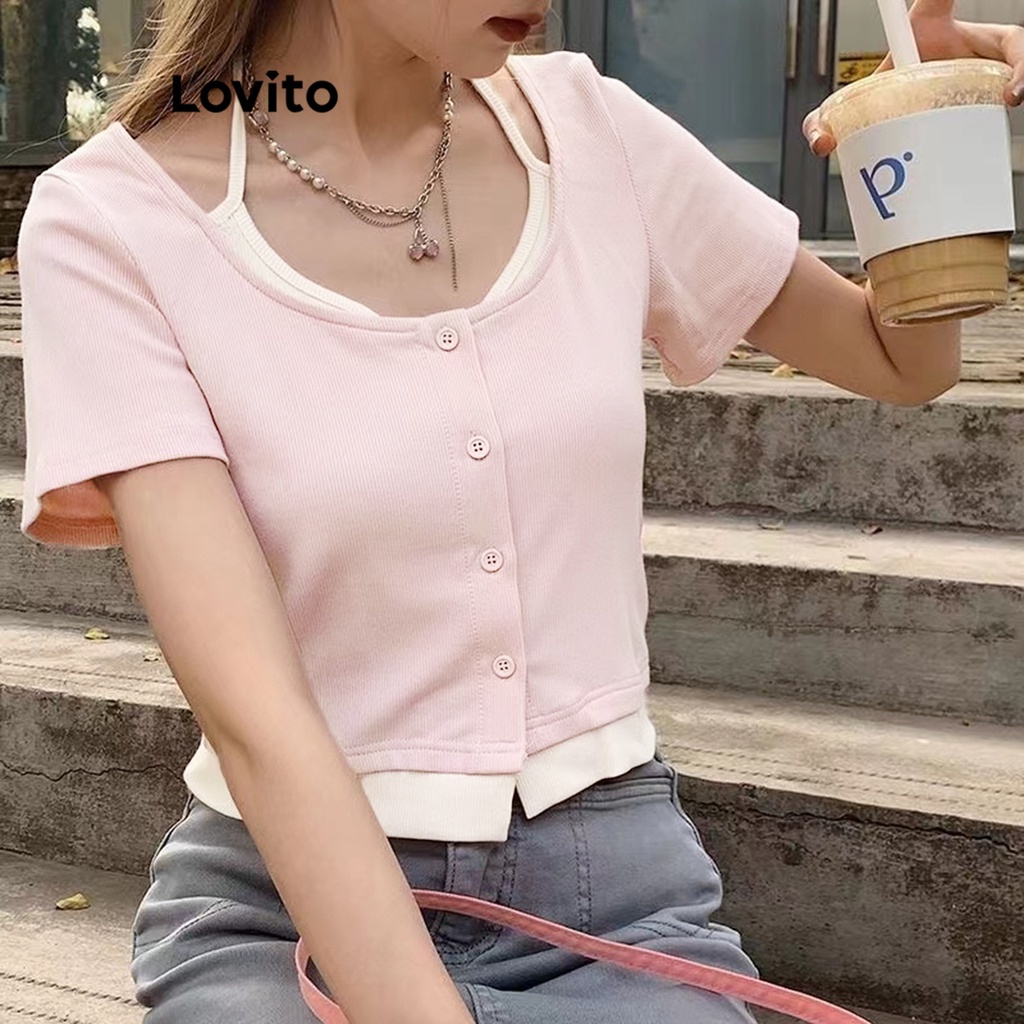 Áo thun Lovito cài nút thiết kế 2 trong 1 màu trơn thường ngày cho nữ LNA21008 (màu hồng)