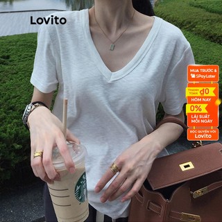 Áo thun Lovito cổ chữ V tay ngắn màu trơn phong cách thường ngày dành cho nữ L53AD077 (trắng)