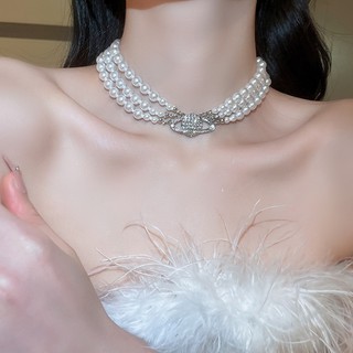 Dây Chuyền Nhiều Lớp Đính Kim Cương Và Ngọc Trai Cao Cấp Phong Cách Nhật Hàn Sang Trọng Cho Nữ