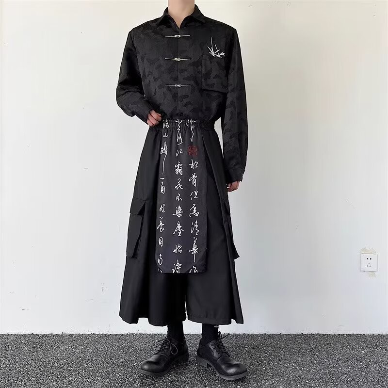 Esea Quần culottes Dáng Rộng In Thư Pháp Trung Hoa Cách Tân Màu Tối Thời Trang Mới Cho Nam