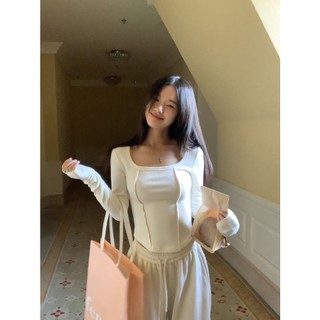 Áo Thun Tay Dài Cổ Vuông Thiết Kế Đơn Giản Thời Trang Thu Đông Phong Cách Hàn Quốc Mới Cho Nữ
