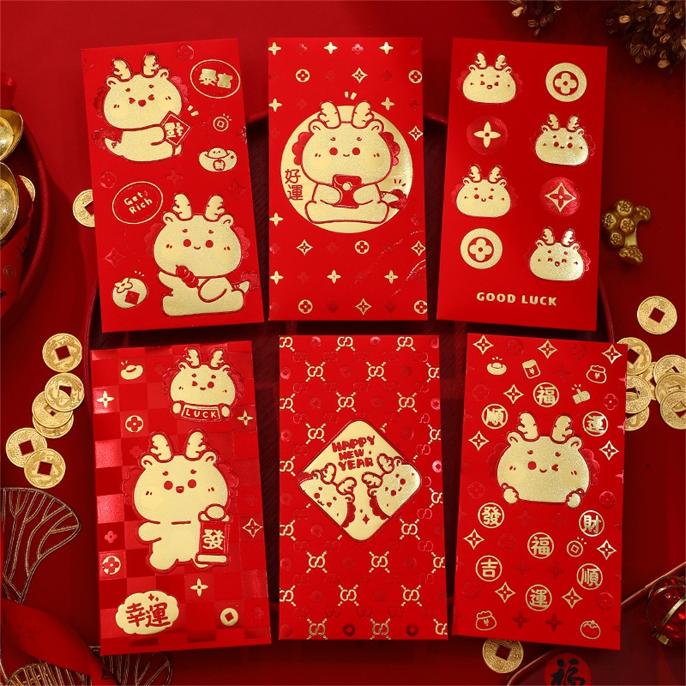 6 Chiếc 2024 Năm Rồng Gel Phong Bì Đỏ Sáng Tạo Hoạt Hình Phong Bì Đỏ Năm Rồng Điềm Lành Dày Chất Lượng Cao Màu đỏ