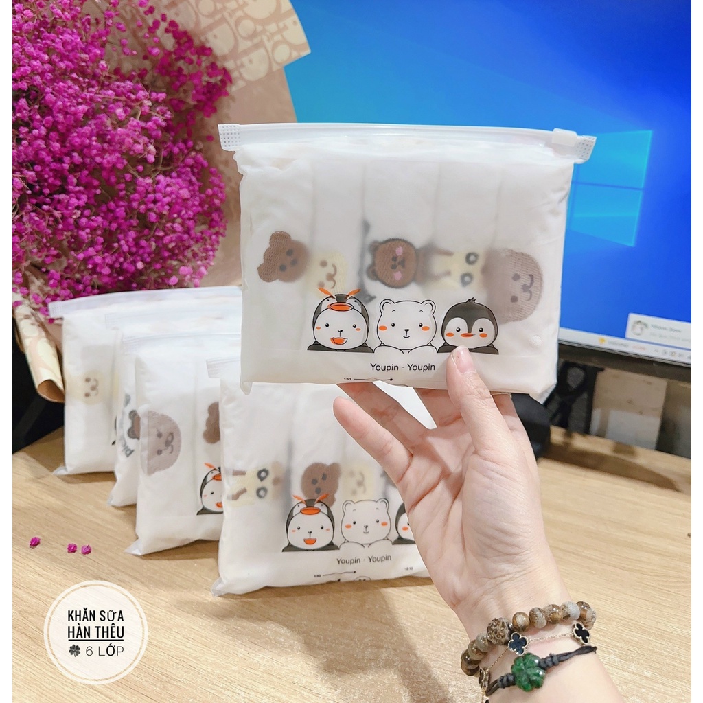 Set 5 khăn sữa Hàn 6 lớp Thêu Hình Bo Viền siêu đẹp cho bé CarynShop