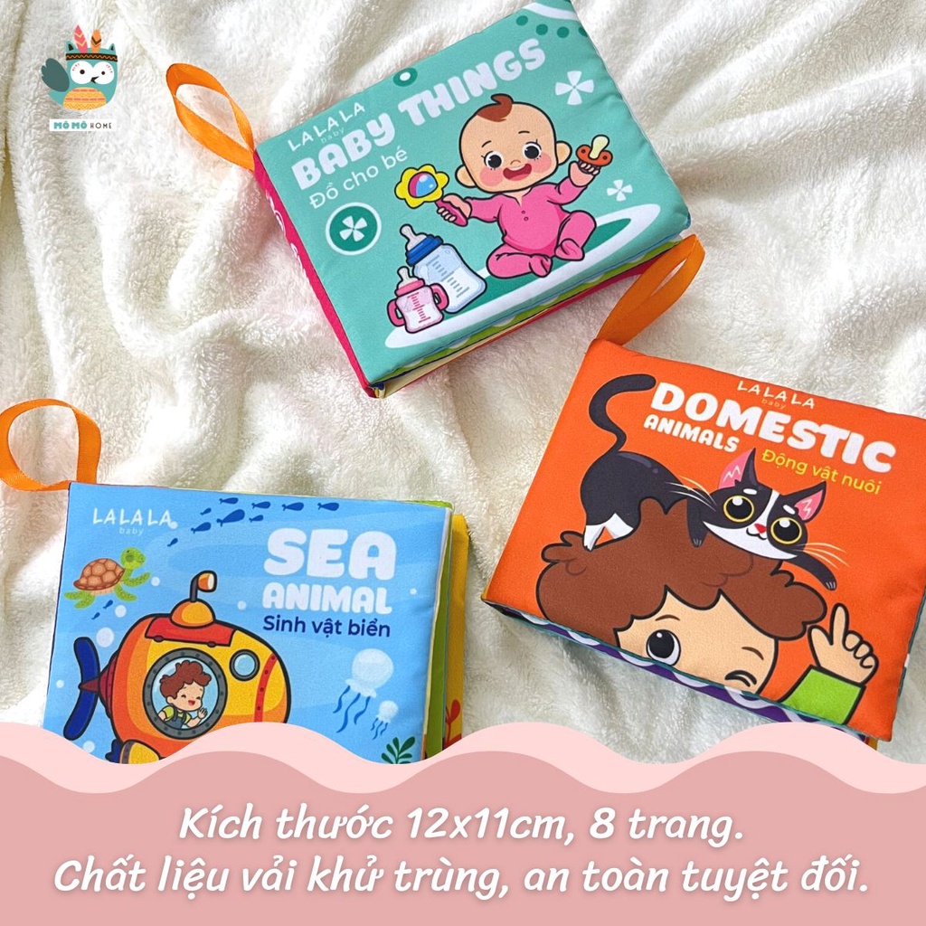 Sách vải cho bé sơ sinh 0 đến 12 tháng Lalala baby, an toàn tuyệt đối, kích thước 12x11cm, 8 mặt sột soạt. MẪU MỚI