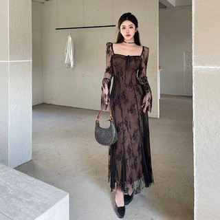Đầm Cổ Vuông Nhấn Eo Phối Ren Phong Cách Pháp Cổ Điển Chất Lượng Cao