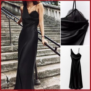 Phong Cách Mới Ren Trang Trí Lụa Satin Họa Tiết Bất Đối Xứng Dây Đeo Vai Quần Lót Đầm8686899