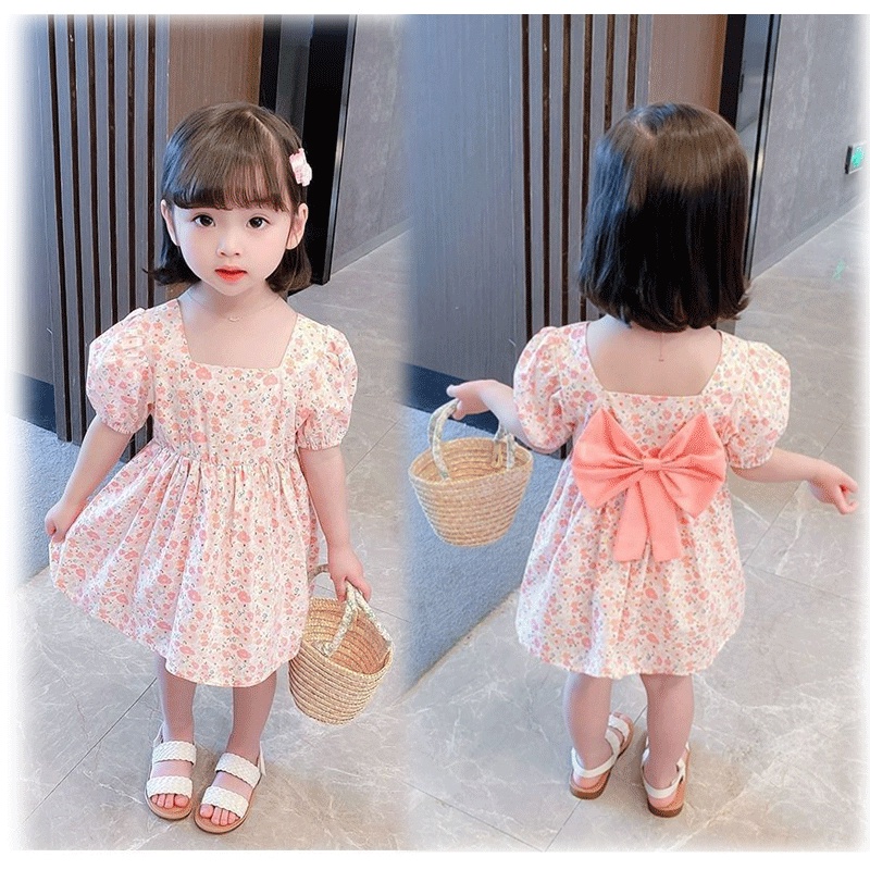 Đầm Công Chúa Tay Phồng Đính Nơ In Hoa Dễ Thương Thời Trang Mùa Hè Cho Bé Gái