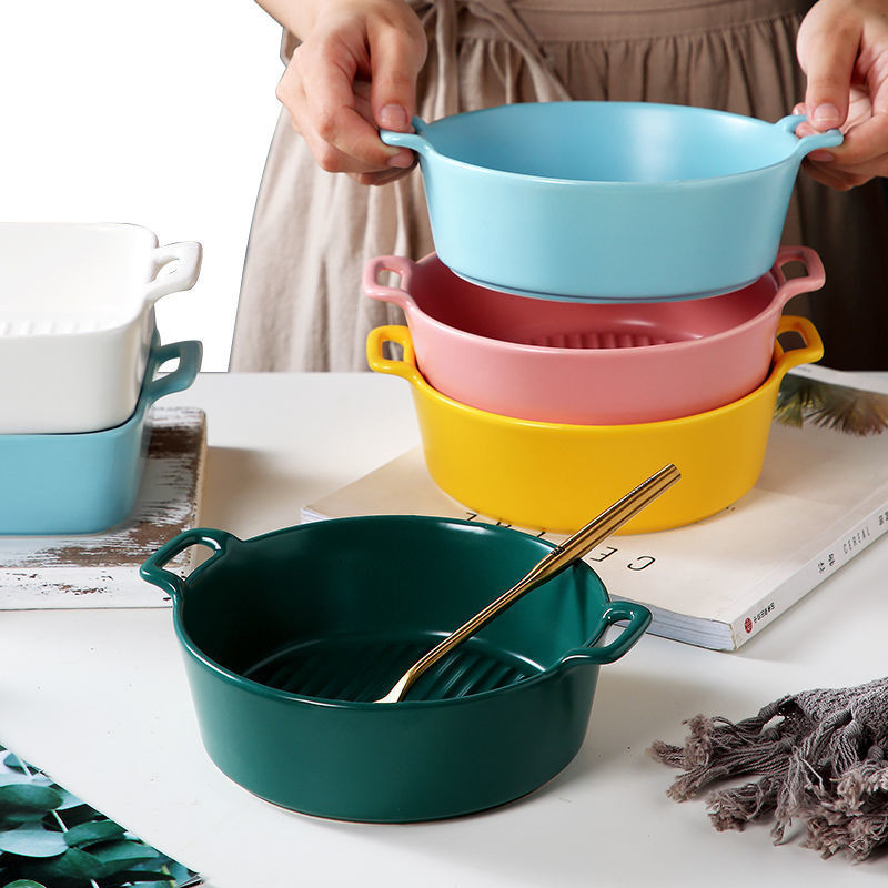 Internet celebrity Nordic style binaural baking bowl baked rice bowl deep plate salad bowl oven micr