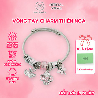 Vòng charm, lắc tay nữ charm Pan đôi thiên nga chất liệu hợp kim titan mạ bạc đính đá hồng VIBE K111