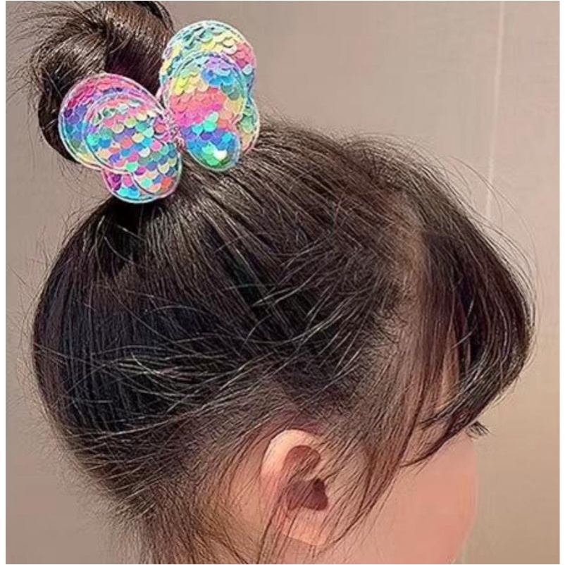 1 Dây Cột Tóc Cao Su Đính sequin Hình Bướm Màu Kẹo Ngọt Thời Trang Cho Bé Gái