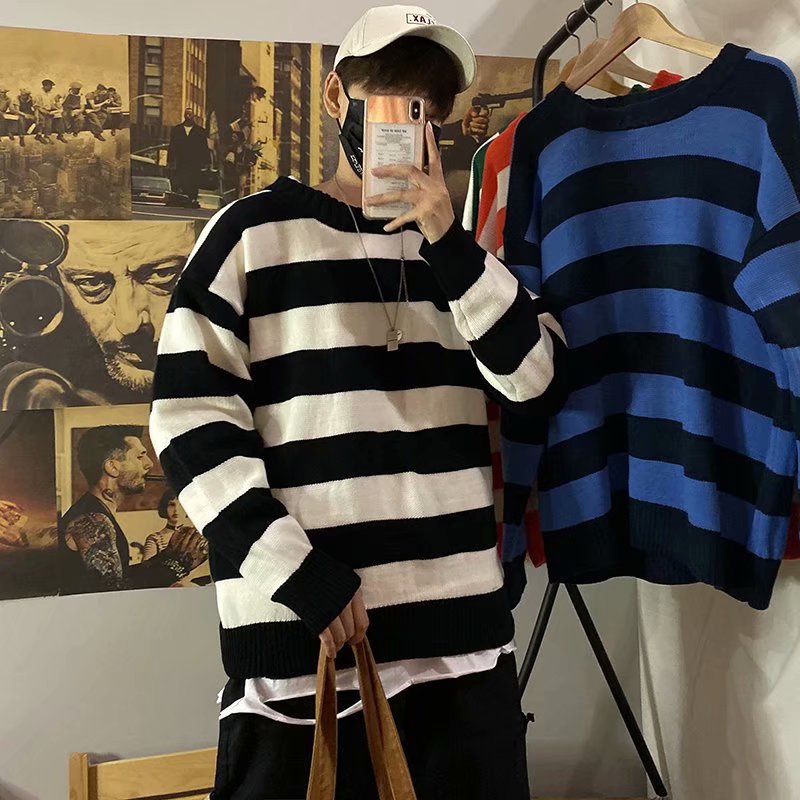 Áo Khoác sweater Dáng Rộng Họa Tiết Kẻ Sọc Phong Cách Hàn Quốc Thời Trang Thu Đông Hàng Mới 2023 Dành Cho Bạn Nam