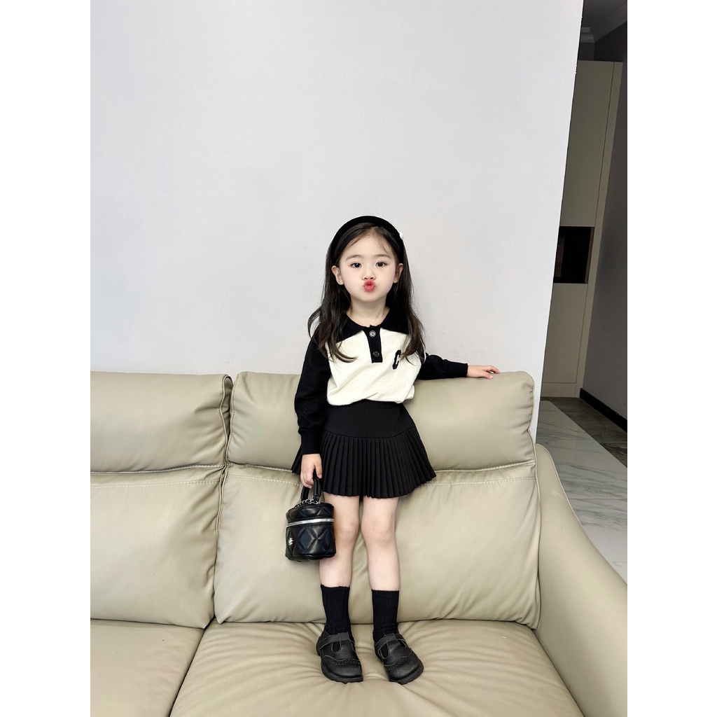 SET ÁO POLO DÀI TAY MIX CHÂN VÁY XẾP LY BASIC CHO BÉ GÁI- HÀNG QCCC