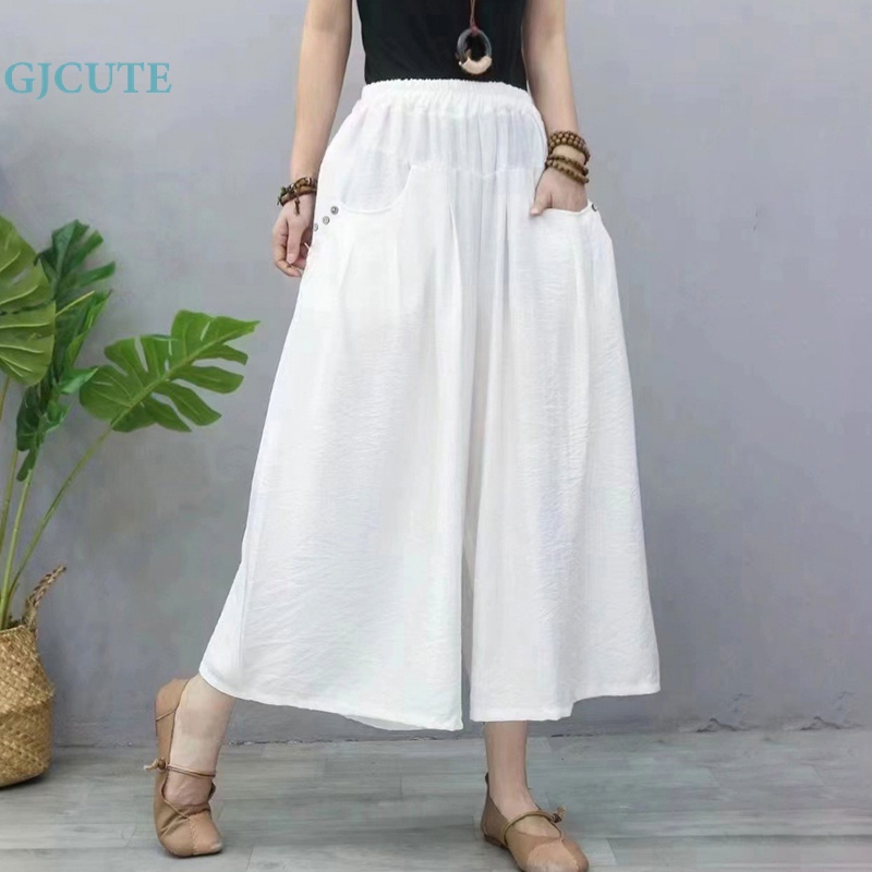 Gjcute Quần baggy Lưng Thun Ống Rộng Qua Gối Có Túi Lớn Cho Nữ wtd