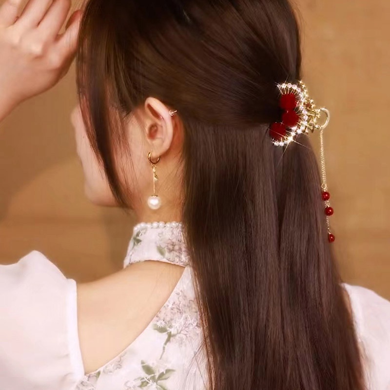 Kẹp Tóc Tua Rua Đính Hoa Hồng Đỏ Phong Cách retro Cao Cấp