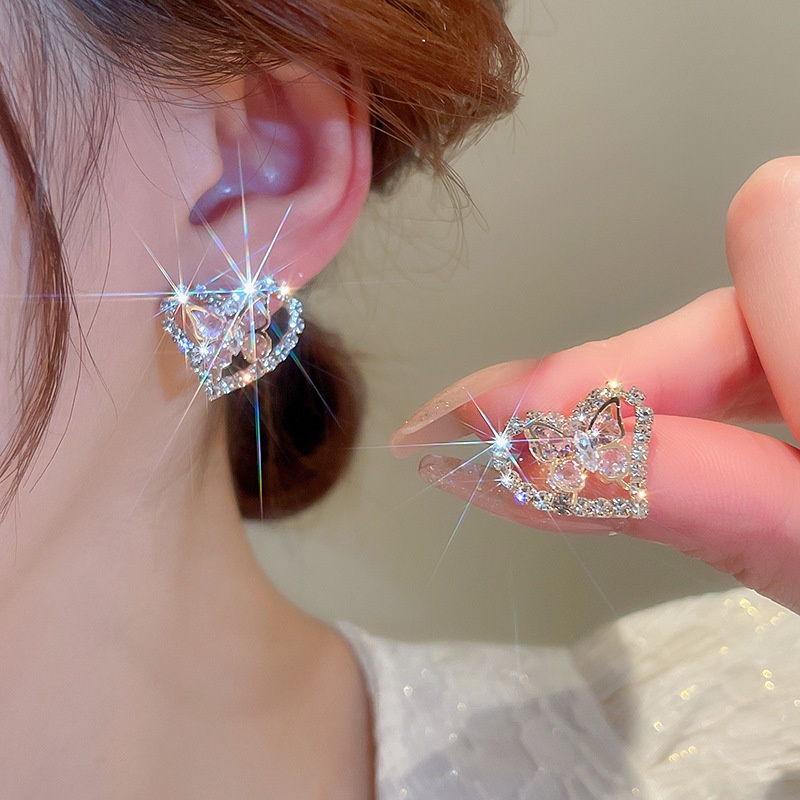 Bông Tai Mạ Bạc Hình Bướm Đính Kim Cương Thời Trang Cao Cấp